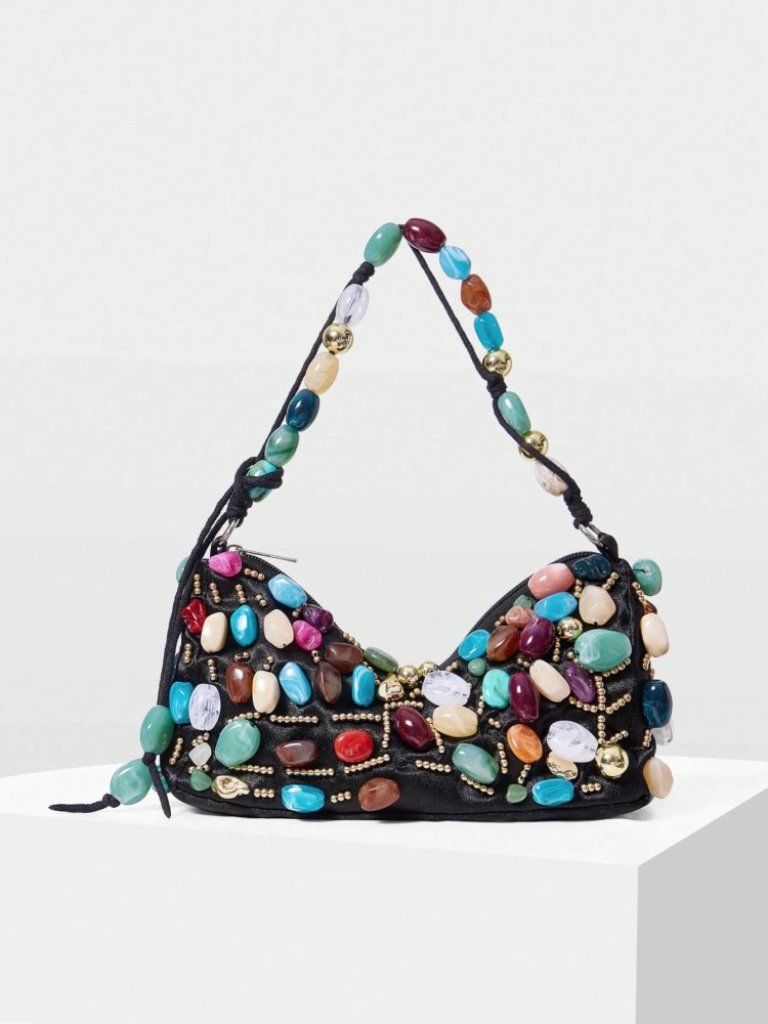 Black Beaded Stone Shoulder Bag With Multicolor Gem Embellishments